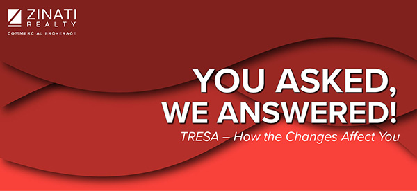 Banner image, red background with gradient layers and the Zinati Realty logo in the top left corner. Text: You Asked, We Answered! Tresa - How the changes affect you