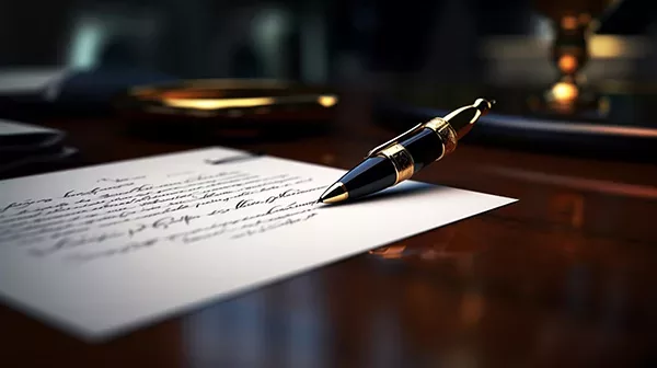 Stock image of a pen over a signed contract